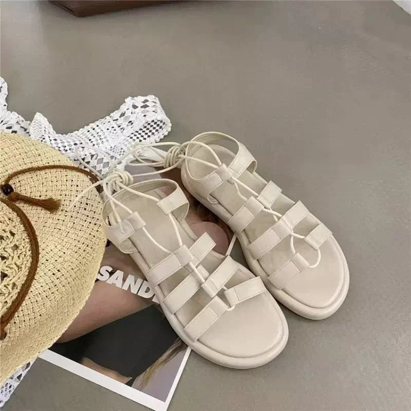 Podoways 36 White Cross Lace Up Sandals