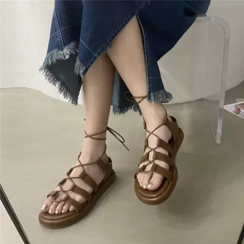 Podoways 36 Brown Cross Lace Up Sandals