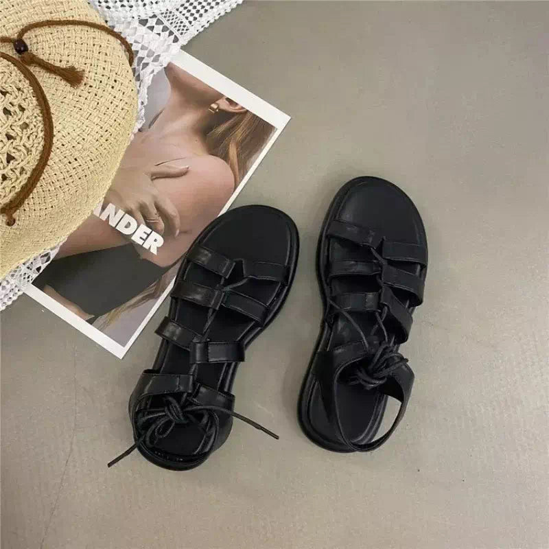 Podoways 36 Black Cross Lace Up Sandals